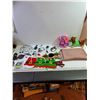 Image 1 : Mixed Holiday & Tech Lot - Christmas Dog Costumes, Hats, Tablecloth, Quickport Connector, Headphones