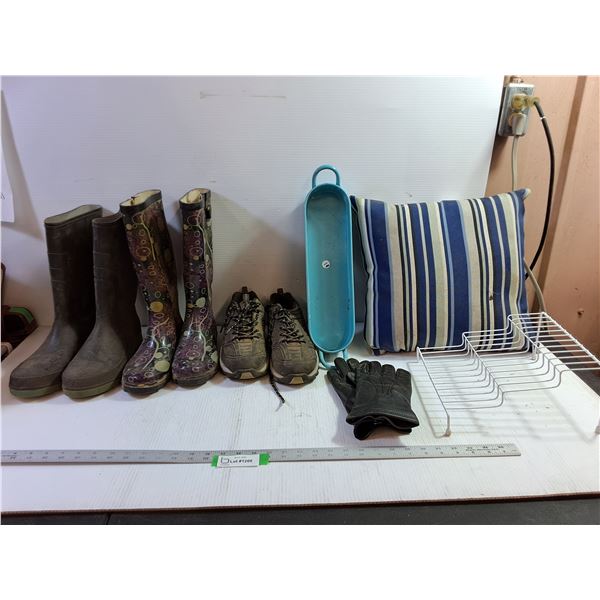 (2) Pairs Rubber Boots - Mens (9), Womans (7), Running Shoes - Womans (5 1/2), Throw Pillow, Gloves,