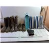 Image 1 : (2) Pairs Rubber Boots - Mens (9), Womans (7), Running Shoes - Womans (5 1/2), Throw Pillow, Gloves,