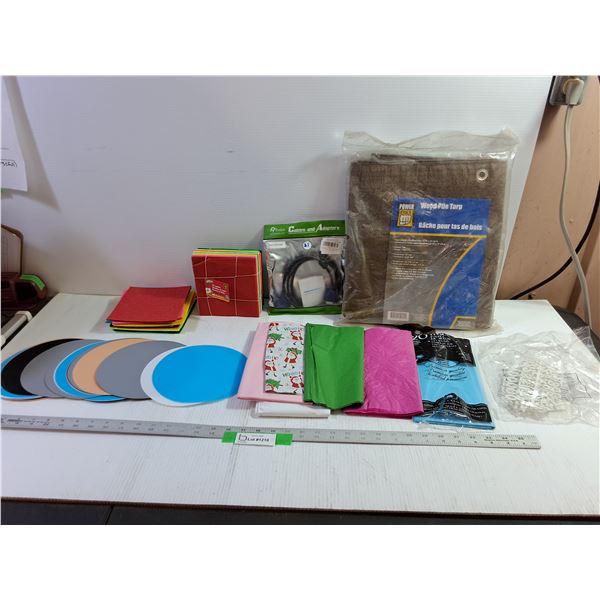 Wood Pile Tarp, Craft Felt, Plastic Letters, Tissue Paper, Tech Cables,