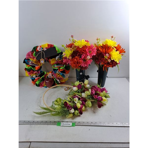 Felt Wreath - (3) Plastic Floral Wreaths - (2) Plastic Boquets w/ Pots - As Is