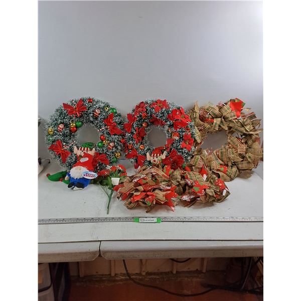Christmas Decorations - (3) Wreaths & (1) Candy Cane