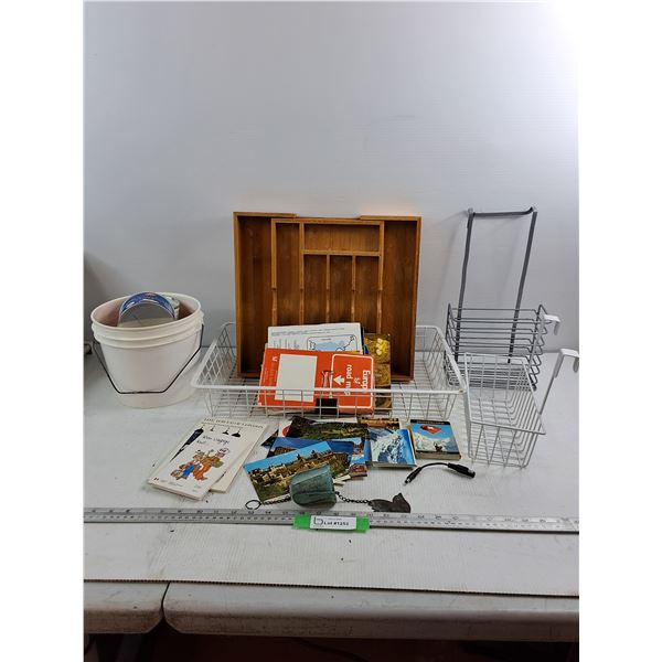 Adjustable Wooden Shelf - Drying Basket - Assorted Travel Guides & Postcards - As Is
