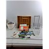 Image 1 : Adjustable Wooden Shelf - Drying Basket - Assorted Travel Guides & Postcards - As Is