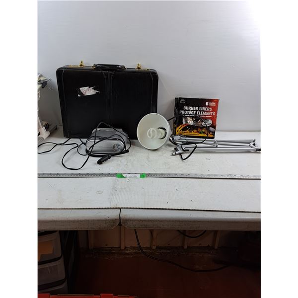 Suitcase w/ Combination Locks - Car Air Compressor (Untested) - Adjustable Lamp (Tested) - As Is