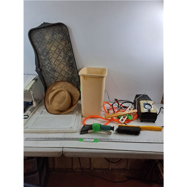 120V Air Compressor (Powers On) - Hand Broom - Shoe Tray - Waste Basket - As Is
