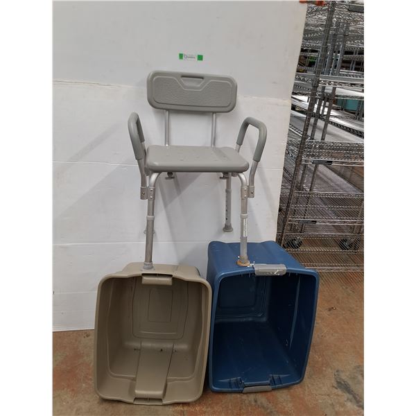 *(2) Plastic Storage Bins (23x12x17.75  & 24x17.5x18 ) - Shower Chair (Approx. 21x30.5x15 ), PU Only