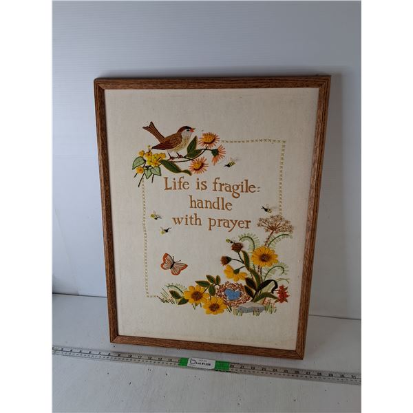 Embroidered Life is Fragile: Handle with Prayer Wall Art 25.5  x 19.75 