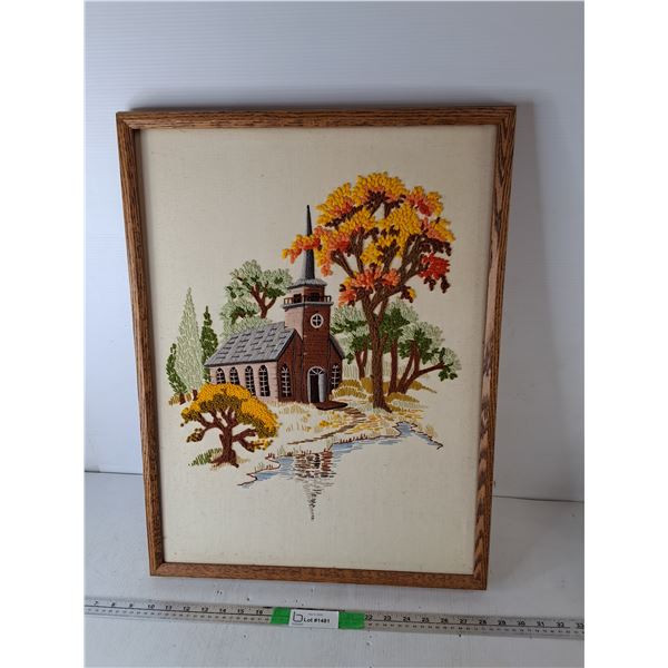 Framed Embroidered Church Wall Art 25.5  x 19.5 - As Is