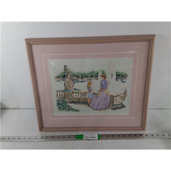 Framed Cross Stitched Mother & Daughter by Fountain 20  x 16.5 
