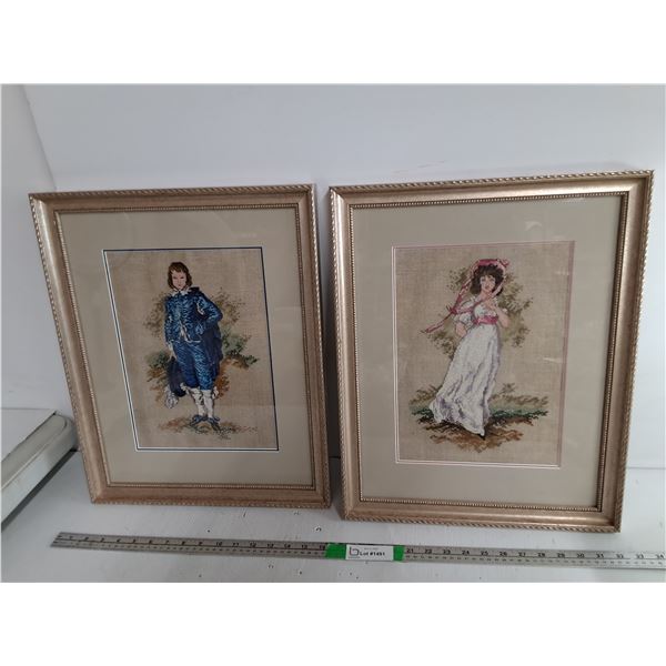 Framed Cross Stitched Victorian Style Woman & Man 19.25  x 15.5 