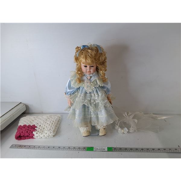 Porcelain Doll with Stand 18.5 , Doll Wedding Veil & Doll Blanket