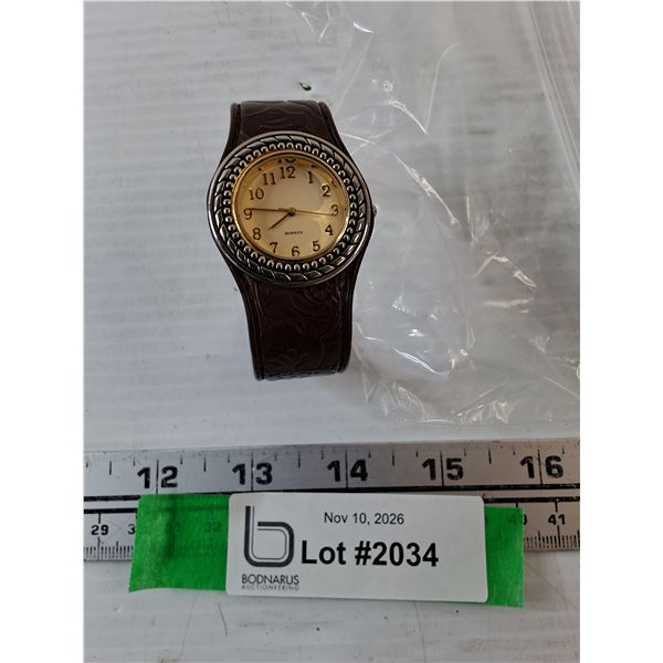 Tooled Leather Bangle Style Quartz Watch, Consigner Says Working