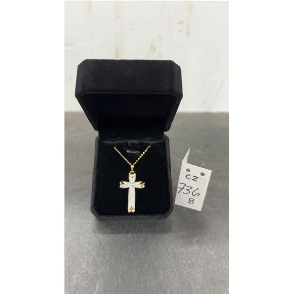 New 18K Gold Plated 42.0mm Simulated Diamond (CZ) Heart Cross Necklace, 18” Long