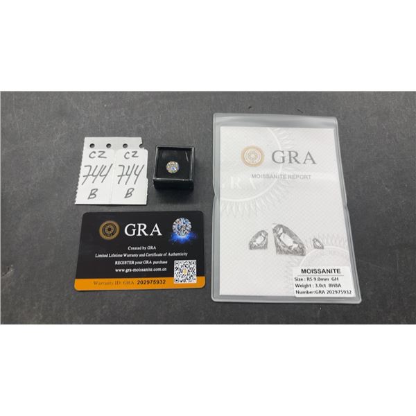 New 3.0 Carat Moissanite Lab Diamond, Round Brilliant Cut, GH, VVS1, GRA Report