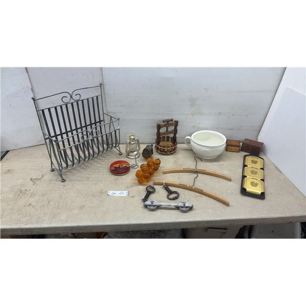 Vintage-Style Scrollwork Metal Magazine Rack, Toffee Tin, Eatons Hangers, Chamber Pot