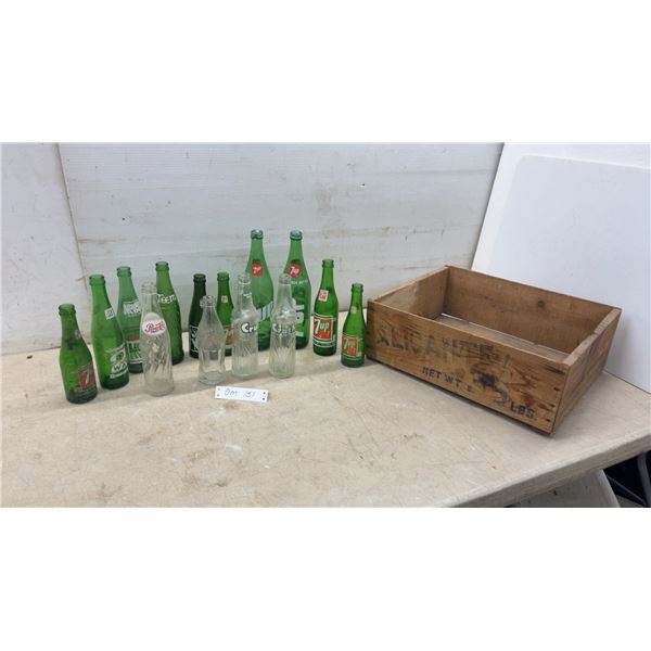 Vintage Soda Bottles Including 7-Up, Pepsi, Crush, Teem, Mountain Dew and More with Alicante Crate