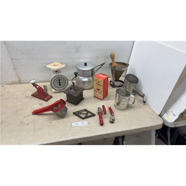 Vintage Kitchen Utensils: Way Rite Scale, Egg Scale, Coffee Grinder, Donut Maker with Box, Sifters
