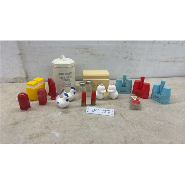 Vintage Farm House Sugar Tin, Recipe Box, Salt and Pepper Shakers