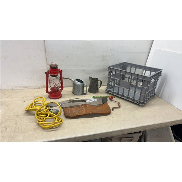 Dietz No. 2 Kerosene Lantern, Oil Can, Pitcher, Extension Cord, Tool Belt