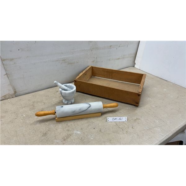 Marble Rolling Pin with Wooden Stand, Marble Mortar and Pestle, Wooden Box