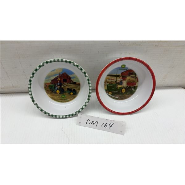 Two John Deere Children's Bowls with Green Check and Red Rim, Farm Scenes