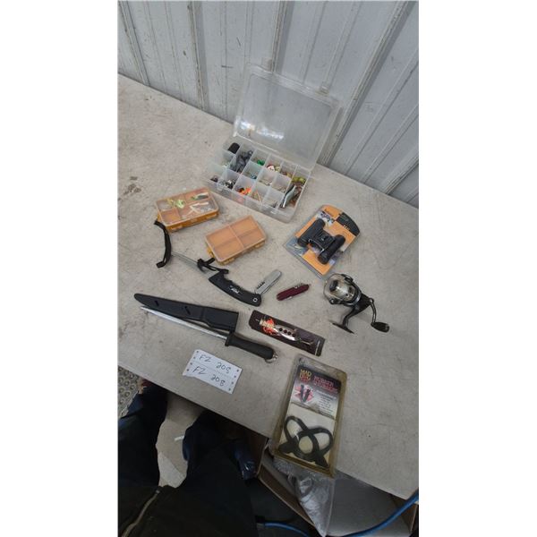 Fishing Tackle Lot: Lures, Jigs, Weights, Spinning Reel, Bushnell Binoculars, Knives