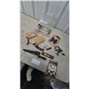 Image 1 : Fishing Tackle Lot: Lures, Jigs, Weights, Spinning Reel, Bushnell Binoculars, Knives