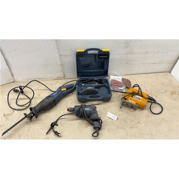 Black and Decker Jigsaw, Mastercraft 3/8” Drill, Reciprocating Saw, Sander in Case