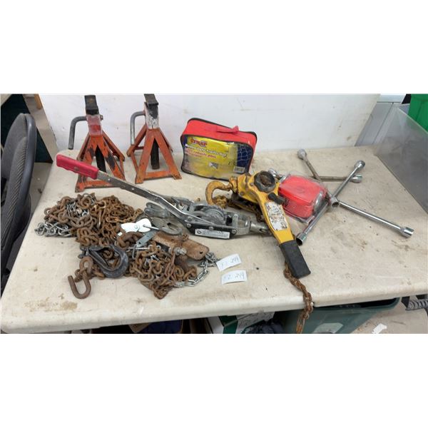 Automotive Lot: Jack Stands, Chains, Lever Hoist, STRAP Heavy Duty Trailer Net 52” × 70”