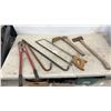 Image 1 : Tool Lot: Bolt Cutters, Hay Hook, Hacksaw, Billhook, Axe