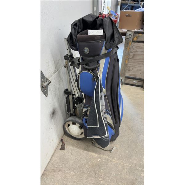Mizuno Pro Staff Golf Cart Bag in Blue, Black, Gray with Folding Push Cart