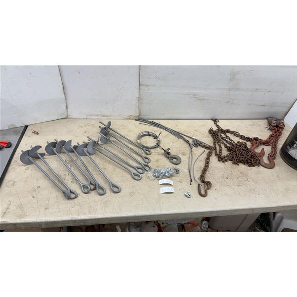 Screw-In Ground Anchors, Steel Cables, Chains with Hooks