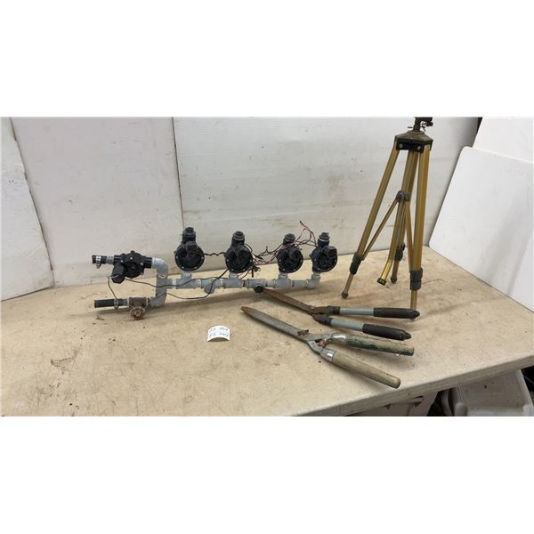 Tripod-Mounted Brass Impact Sprinkler, Irrigation Manifold with Valves, Hedge Shears