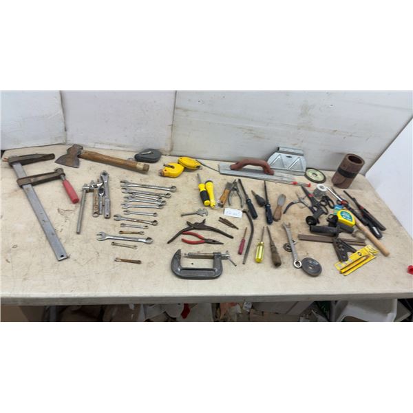 Assorted Hand Tool, Clamps, Ratchets, Wrenches, Pliers, Chalk Line, Screwdrivers