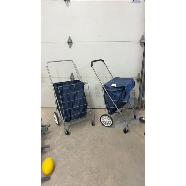 Two Folding Metal Utility Shopping Carts with Navy Blue Fabric Bags and Swivel Wheels