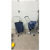Image 1 : Two Folding Metal Utility Shopping Carts with Navy Blue Fabric Bags and Swivel Wheels