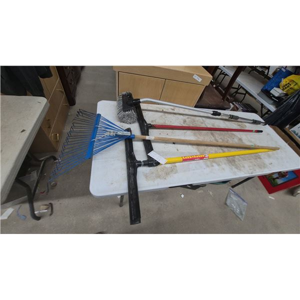 Blue Metal Fan-Style Leaf Rake with Wooden Handle, Squeegees