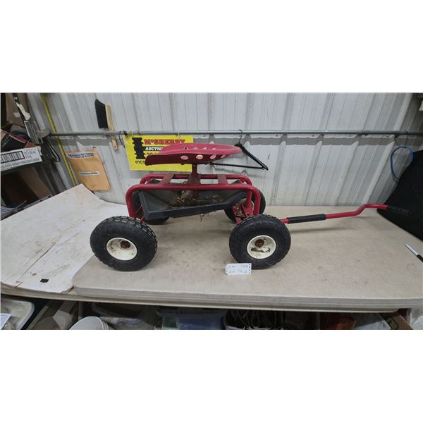 Red Rolling Garden Seat Scooter Cart with Pneumatic Tires, Storage Tray, Pull Handle