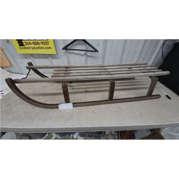 Vintage Wooden Runner Sled with Slatted Deck and Metal-Reinforced Runners, 47” Long