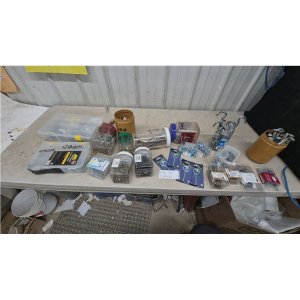 Assortment of Screws, Hooks, Eye Bolts, Hillman Wood Screws