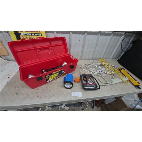 Plano 26” Toolbox, Surge Master Power Bar, Extension Cords, LED Flashlight, Tire Inflator