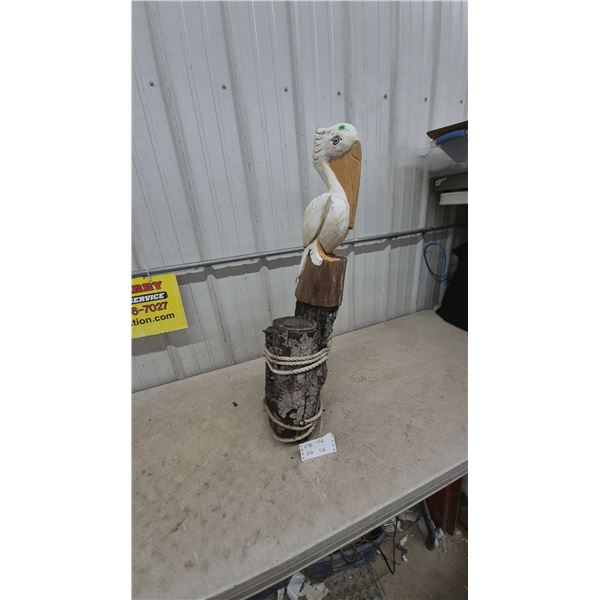 Hand-Carved Wooden Pelican Sculpture on Natural Log Base with Rope Accents, 35” Tall