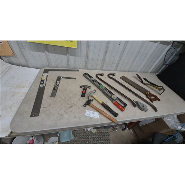 Carpentry Tool Lot: Stanley Quick Square, Framing Square, Hammers, Pry Bars, Hand Saw