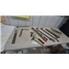 Image 1 : Carpentry Tool Lot: Stanley Quick Square, Framing Square, Hammers, Pry Bars, Hand Saw