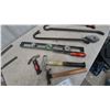 Image 4 : Carpentry Tool Lot: Stanley Quick Square, Framing Square, Hammers, Pry Bars, Hand Saw