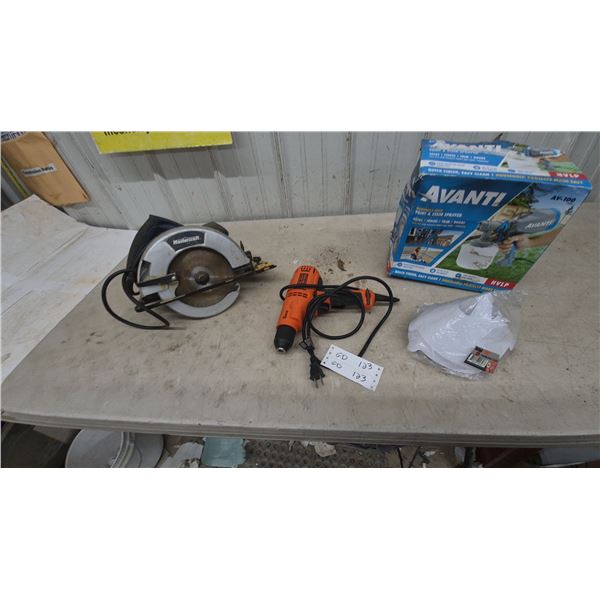Mastercraft Circular Saw, Black+Decker 8 Amp Heat Gun, Avanti AV-100 HVLP Sprayer