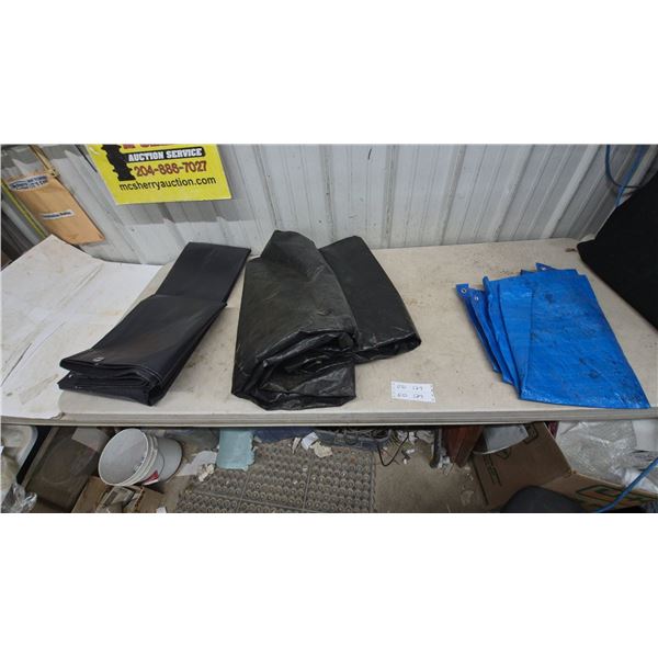 Lot of Utility Tarps Including Black and Blue Poly Tarps with Grommets