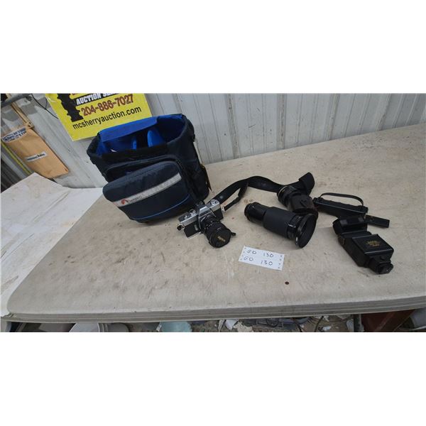 Minolta SR-T 201 Film SLR Camera with Magnicon 28-70mm Lens, Extra Lens, Flash, Lowepro Bag