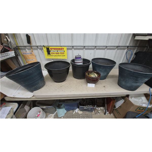 Assorted Plastic Planter Pots, Ribbed Blue and Black, Glazed Ceramic Bowl